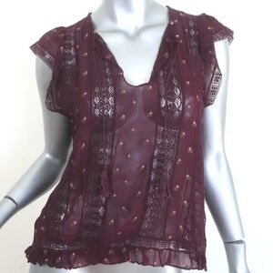 Ulla Johnson Magdalena Bordeaux  Floral Embroidered Burgundy Georgette  Blouse